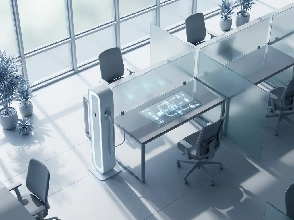 Elektrisch voertuig laadstation met digitaal display in moderne minimalistische werkruimte met witte oppervlakken en glazen wanden