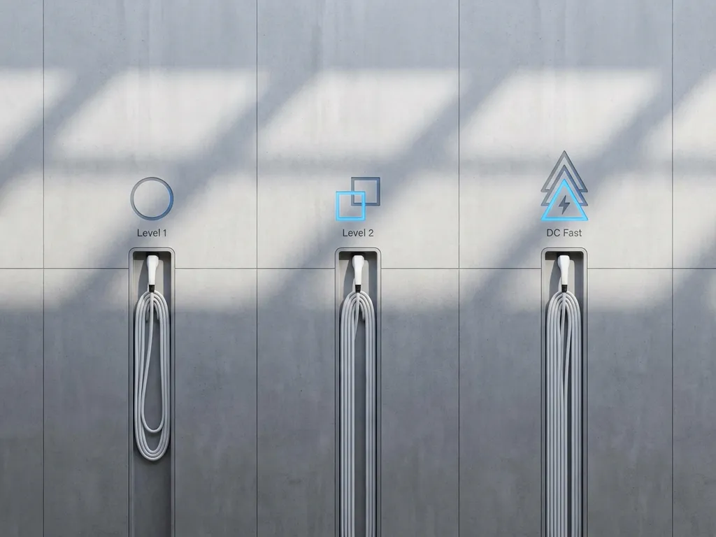 Rij elektrische laadstations met verschillende vermogensindicatoren en witte kabels op betonnen ondergrond met rasterlijnen