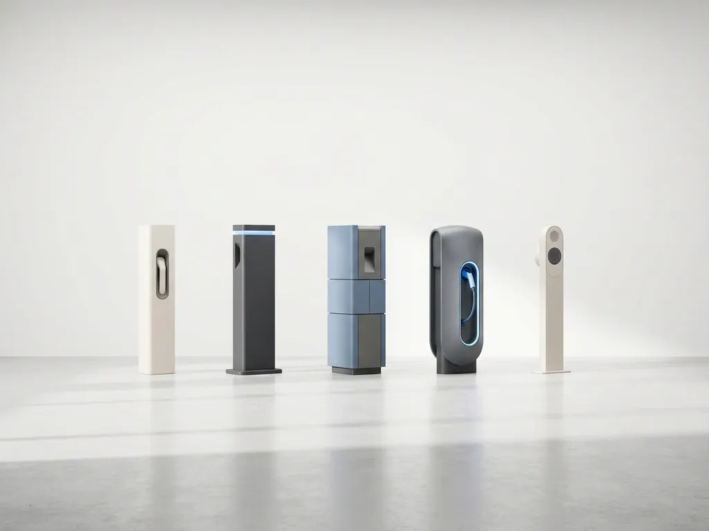 Rij van verschillende elektrische laadstations met unieke ontwerpen op witte achtergrond met zachte schaduwen