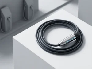 Elektrische auto oplaadkabel met glanzende metalen connector op witte ondergrond, moderne laadstations op achtergrond