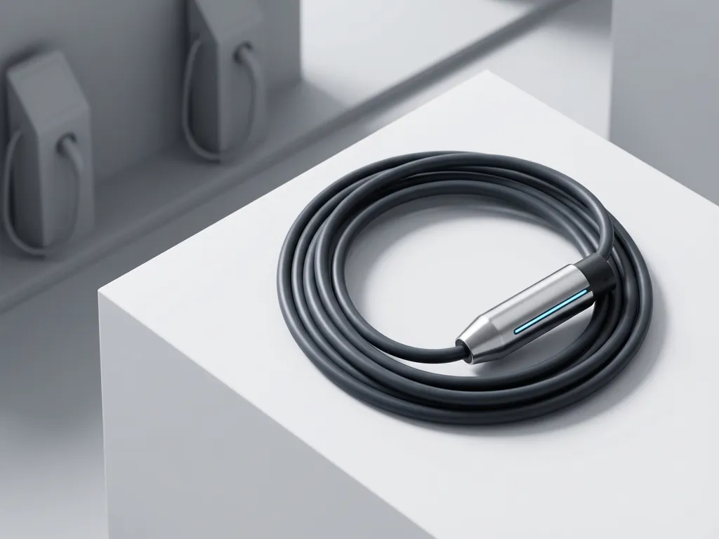 Elektrische auto oplaadkabel met glanzende metalen connector op witte ondergrond, moderne laadstations op achtergrond