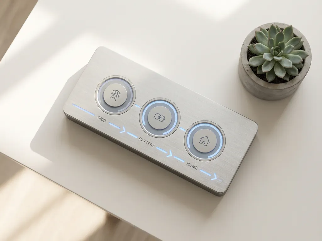 Moderne energiedashboard met ronde meters en geometrische indicatoren naast vetplant op wit bureau, bovenaanzicht