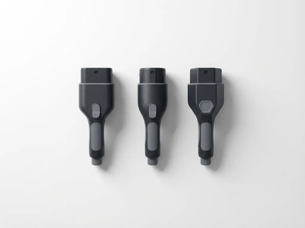 Drie verschillende EV-laadconnectoren op rij geplaatst op witte ondergrond met zachte schaduwen