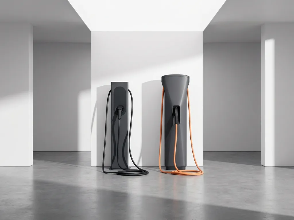 Moderne AC en DC snellaadstations met zwarte en oranje kabels op gepolijste betonvloer in minimalistische commerciële ruimte