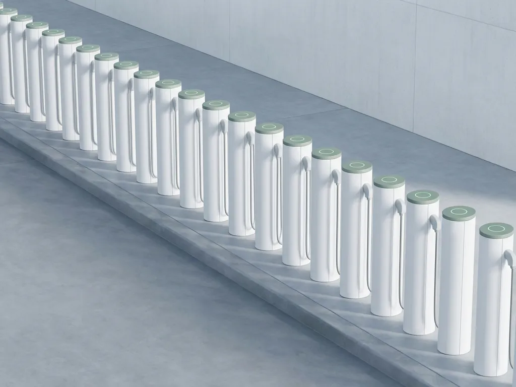 Rij van witte elektrische laadstations met groene indicatielampjes op betonnen vloer, bovenaanzicht toont geometrische patronen