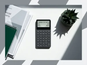 Financiële rekenmachine met kostenberekeningen op wit bureau naast rapporten en groene plant in minimalistisch kantoor