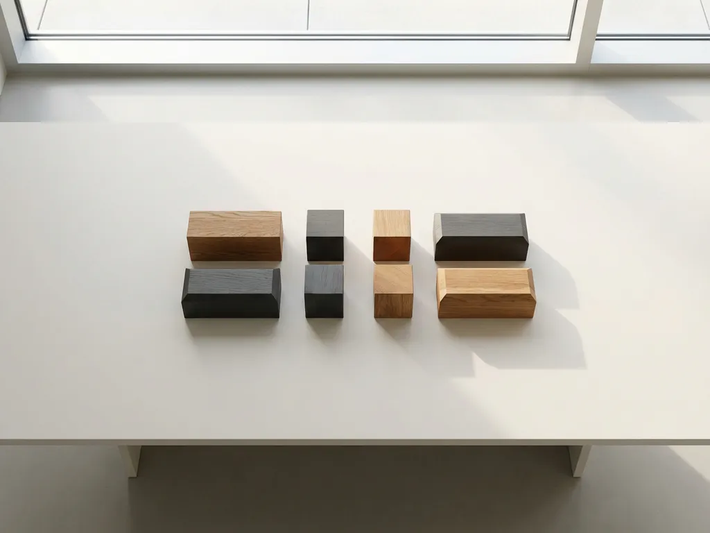 Houten geometrische blokken gerangschikt op witte conferentietafel, bovenaanzicht met natuurlijk licht en schaduw