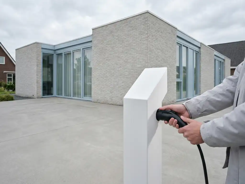 Witte EV-laadpaal op betonnen oprit naast modern Nederlands huis, handen positioneren laadkabel in daglicht