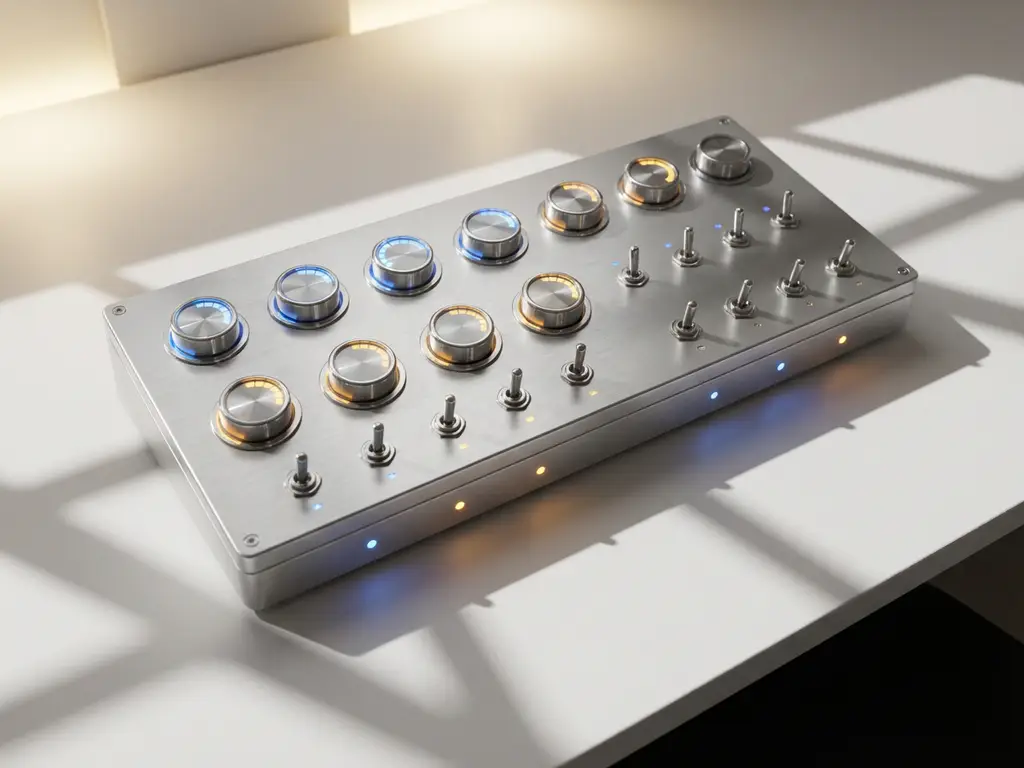 Strak controlepaneel met cirkelvormige draaiknoppen en schakelaars in rijen, verschillende oplaadsnelheden ingesteld op witte ondergrond