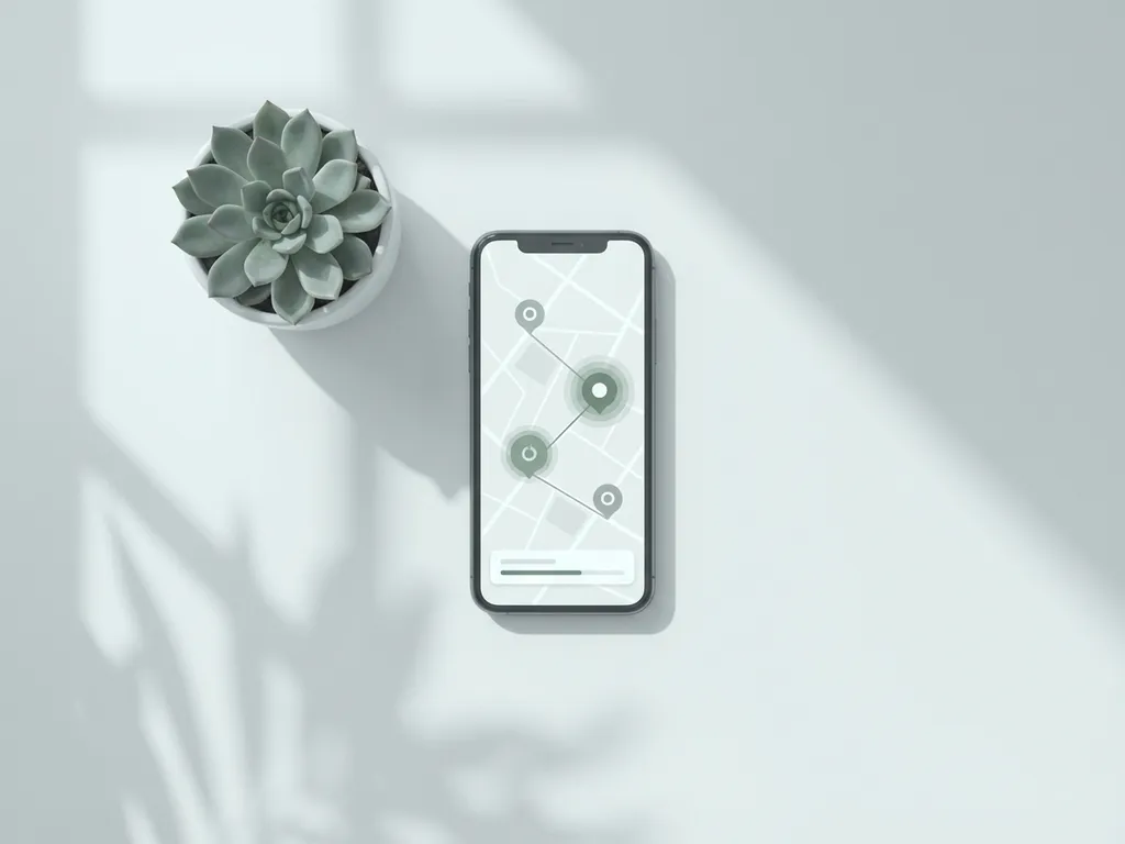 Smartphone met laadstation-app op wit bureau naast kleine vetplant, kaart met locatiepins zichtbaar op scherm