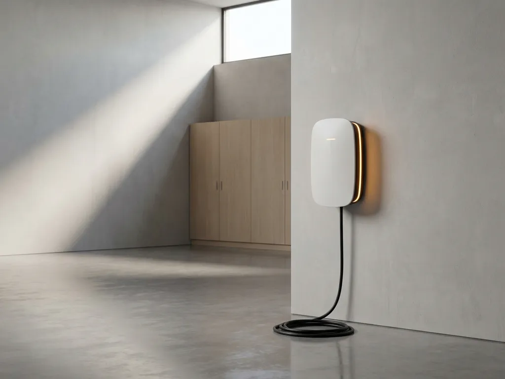 Witte enkele-fase EV-laadstation gemonteerd op betonnen muur in moderne garage met gepolijste vloeren