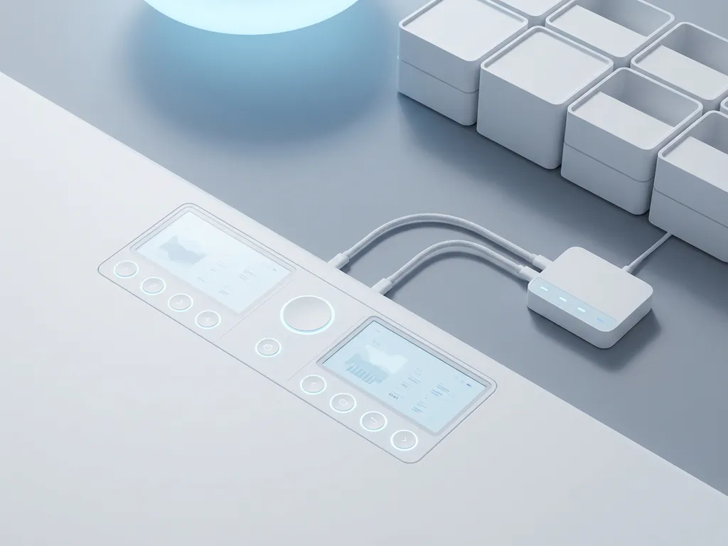 Wit bedieningspaneel met ronde knoppen en digitale displays op bureau, omringd door geometrische opbergdozen en moderne oplaadstation