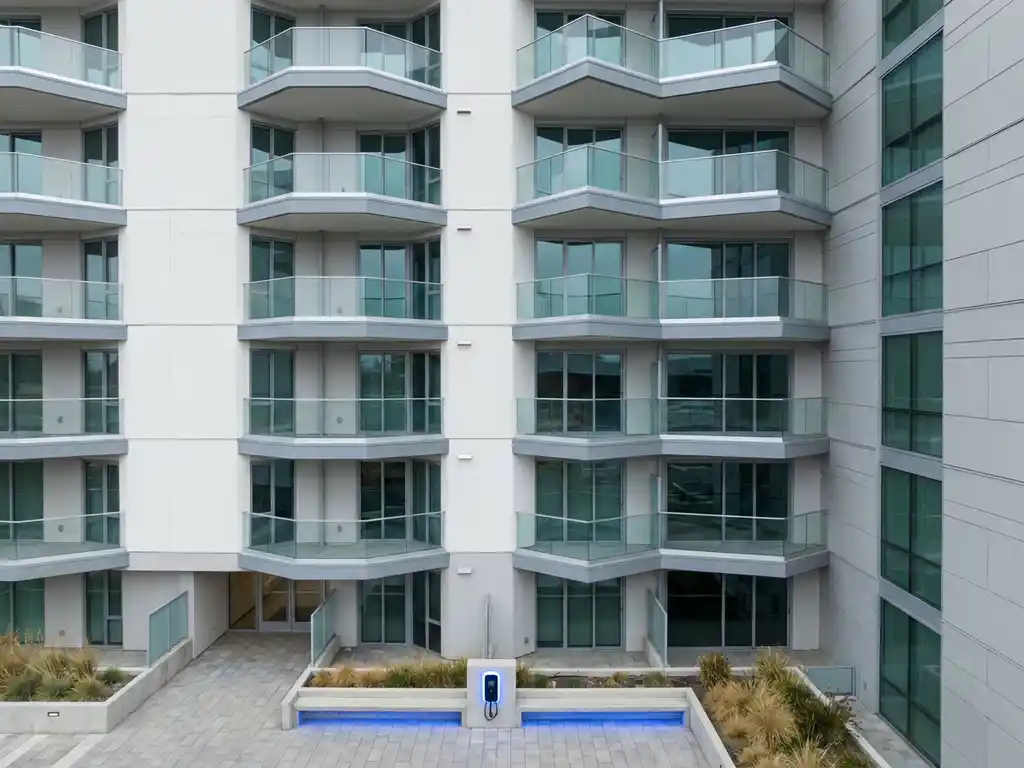 Modern appartementengebouw met geometrische balkons, witte gevels en glazen panelen, EV-laadstation in minimalistische binnenplaats