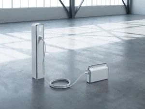 Witte vaste oplaadstation naast compacte draagbare oplader op betonnen ondergrond, verbonden door oplaadkabel