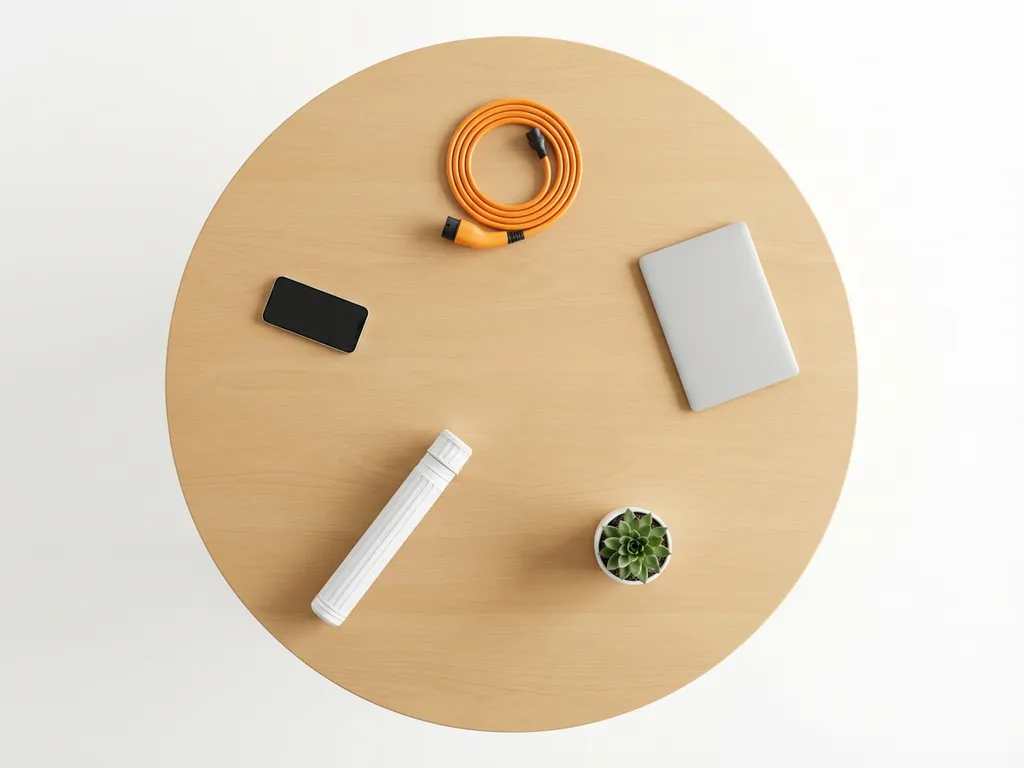 Houten vergadertafel met oranje laadkabel, laptop, plantje, blauwdrukkoker en smartphone geometrisch gerangschikt