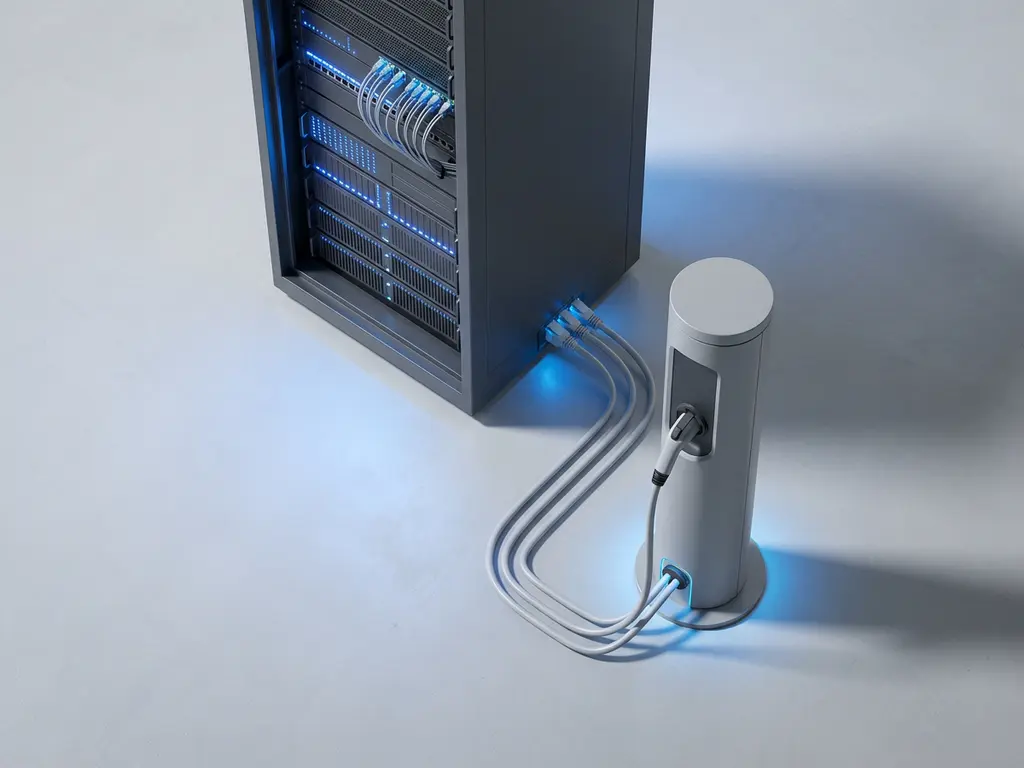 Serverrek met LED-indicatoren verbonden met moderne EV-laadpaal via geometrische kabels in minimalistische witte werkruimte