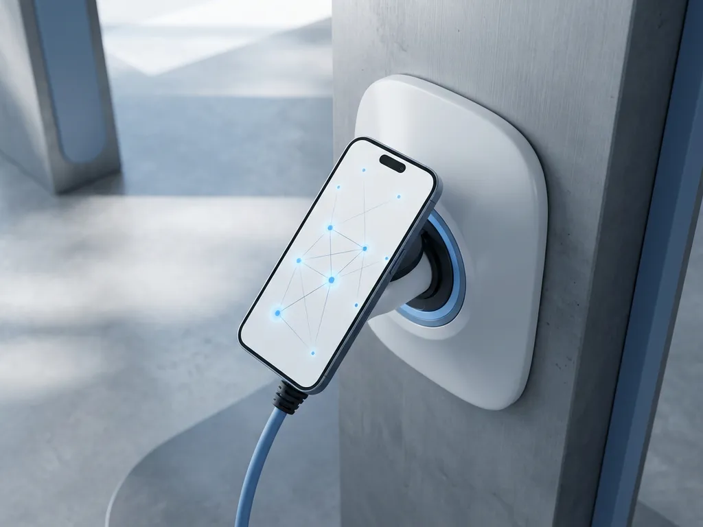 Smartphone met oplaadapp tegen witte elektrische auto-laadpoort, minimalistische betonnen omgeving met zachte schaduwen