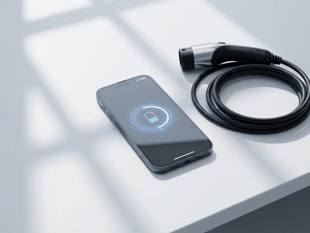 Smartphone met laad-app interface naast moderne EV-oplaadkabel op wit bureau, zachte schaduwen en minimalistische compositie