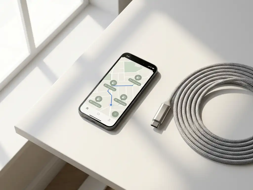 Smartphone met laadstation-app op minimalistische witte bureau naast moderne EV-oplaadkabel in natuurlijk licht