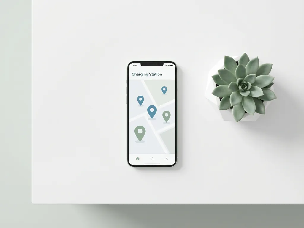 Smartphone toont oplaadstationkaart met groene en blauwe locatiepinnen op wit bureau naast vetplant