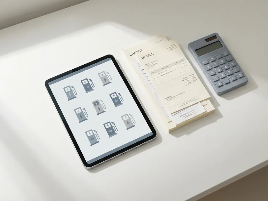 Wit bureau met tablet met oplaadstation-iconen, papieren facturen, minimalistische rekenmachine en natuurlijk licht