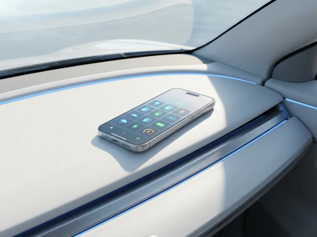 Smartphone met oplaadapp-interface op wit Tesla Model 3 dashboard, kleurrijke laadstation-iconen zichtbaar op scherm