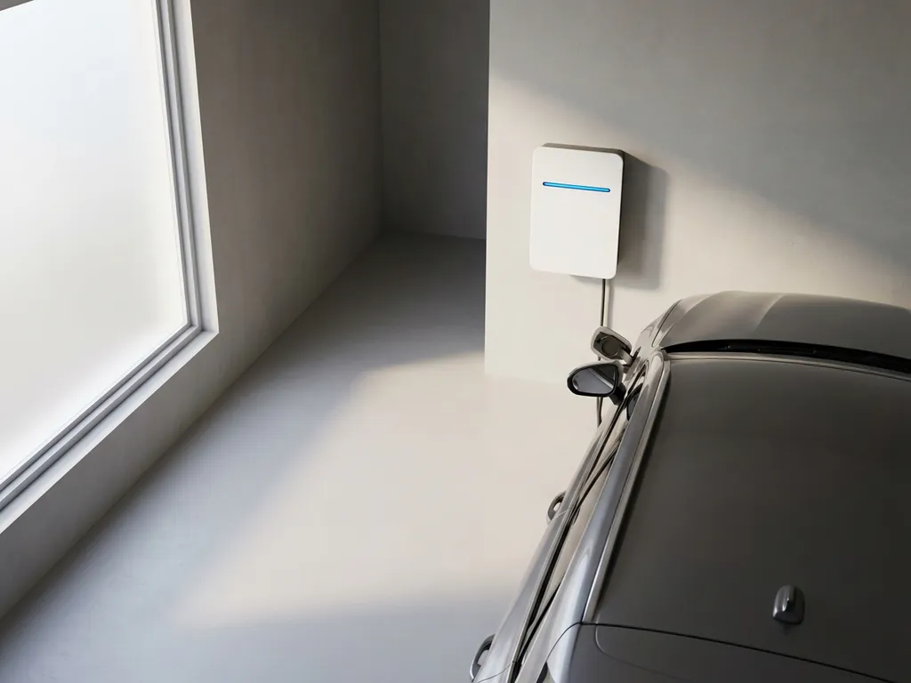 Witte thuislaadstation gemonteerd op garagemuur naast elektrische auto-oplaadpoort met LED-indicator en natuurlijk licht