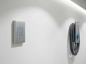 Moderne toegangscontrole keypad met blauwe LED-indicatoren naast EV-laadstation op witte muur