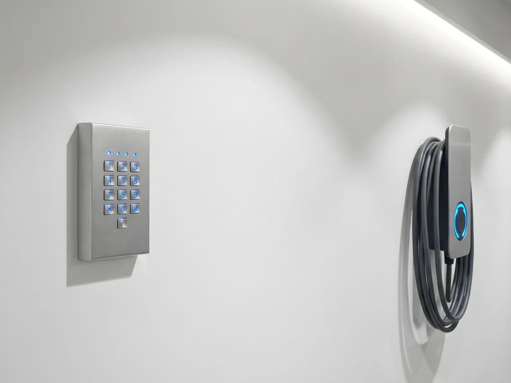 Moderne toegangscontrole keypad met blauwe LED-indicatoren naast EV-laadstation op witte muur