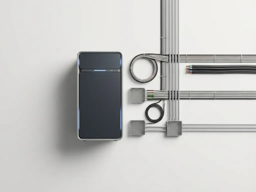 Moderne batterij-opslagsysteem naast elektrische kabels en netinfrastructuur op witte achtergrond