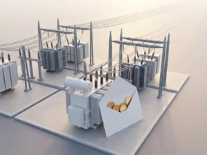 Moderne elektriciteitscentrale met transformator en witte envelop vol gouden munten in ochtendlicht