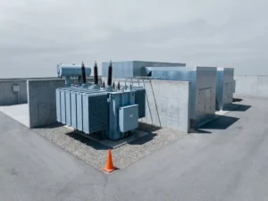 Elektrische transformatorstation met geometrische lijnen en oranje waarschuwingskegel tegen grijze hemel