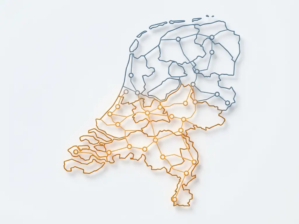 Elektrisch netwerkkaart van Nederland met geometrische lijnen en knooppunten, provincies gemarkeerd in amber en staalblauw