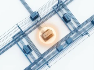 Elektrisch transformatorstation met parallelle stroomlijnen en amberkleurig verlichte transformator die congestiepunt aangeeft