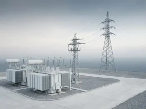 Witte transformatorstation met geometrische lijnen en twee elektriciteitsmasten tegen grijze lucht