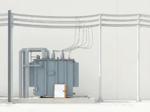 Elektrische transformatorstation met geometrische hoogspanningslijnen en officieel document aan de basis