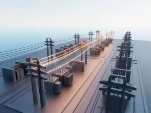 Elektrische transformatorstation met geometrische hoogspanningslijnen in parallelle formatie, één lijn gloeit amber tegen gradiënt lucht