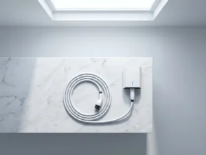 Witte elektrische auto oplaadkabel op marmeren oppervlak aangesloten op minimalistisch laadstation