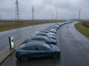 Lange rij elektrische voertuigen wachtend bij laadstation met elektriciteitsmasten op de achtergrond onder bewolkte hemel