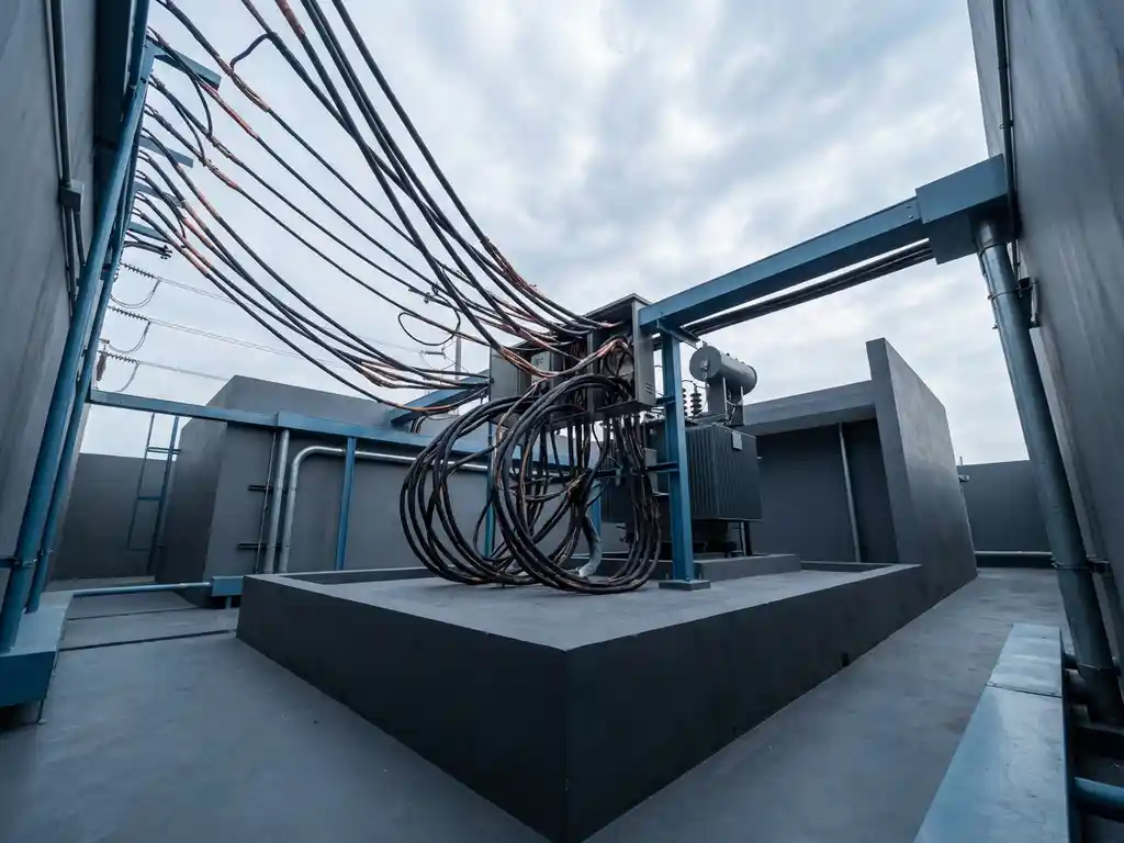 Dikke elektrische kabels convergeren naar een overbelast knooppunt bij een moderne elektriciteitsonderstation met betonnen structuren