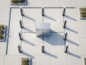 Elektrische transformatorbox tussen moderne EV-laadstations in geometrisch raster, zachte ochtendverlichting op wit beton