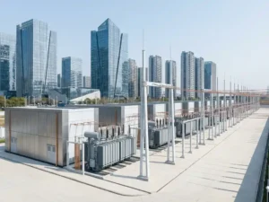 Moderne elektrische transformatorstation met geometrische hoogspanningslijnen en glazen kantoorgebouwen op achtergrond