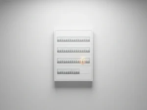 Witte elektrische verdeelkast met symmetrisch gerangschikte stroomonderbrekers, één schakelaar verlicht in amber gloed