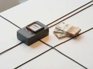 Elektriciteitsmeter met rode waarschuwingslampjes naast stapels eurobiljetten op witte ondergrond met elektrische kabels