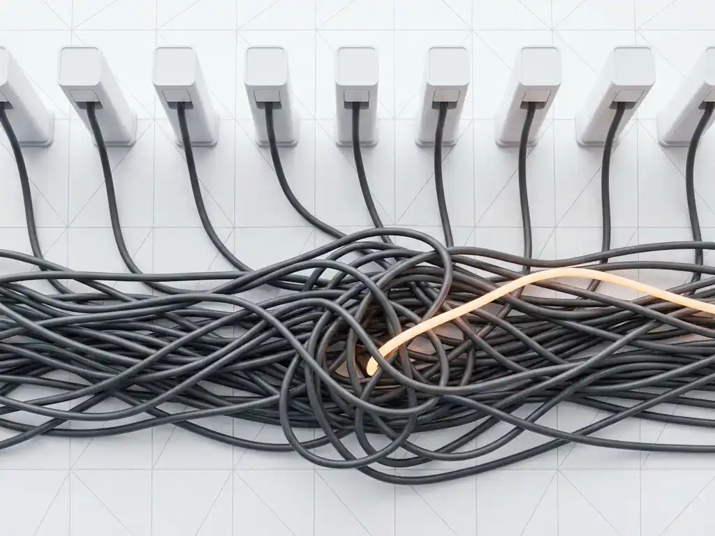 Verwarde elektrische kabels vormen knelpunt bij kruispunt, met witte EV-laadstations op rij, één kabel gloeit amber op wit raster