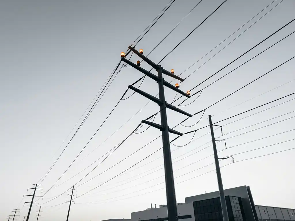 Elektriciteitsmast met oranje waarschuwingslichten tegen grijze lucht, zwarte kabels en industrieel gebouw op achtergrond