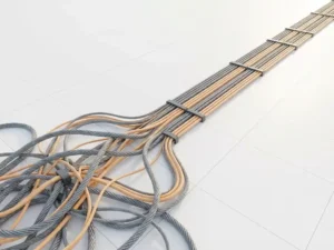 Verwarde elektrische kabels transformeren geleidelijk tot georganiseerde parallelle lijnen op witte achtergrond met rasterpatroon