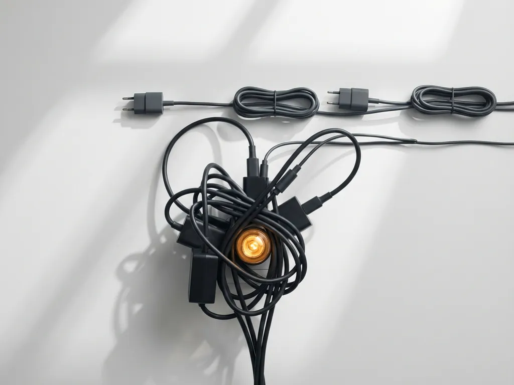 Zwarte elektrische kabels verstopt rond een gloeiend stopcontact op witte muur, minimalistische bovenaanzicht