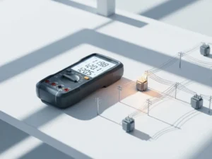Digitale multimeter toont spanningsmetingen naast miniatuur elektriciteitsnetmodel met gloeiende amber congestie-indicator