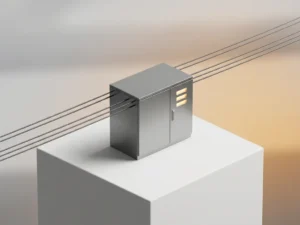 Elektrische transformatorbox met waarschuwingsindicatoren op witte ondergrond, dunne stroomkabels in staal-grijs en amber tinten